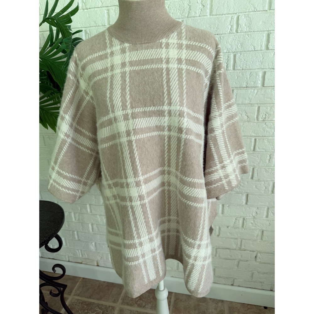Rachel Zoe Poncho Sweater Womens One Size Tan Plaid Excellent Turtleneck Knit